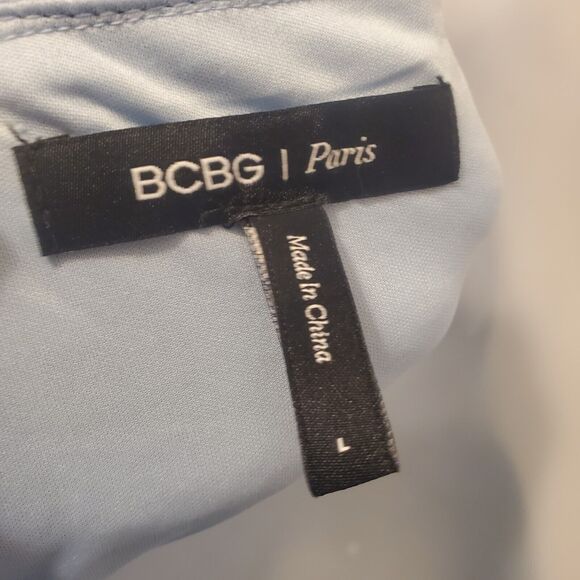 BCBG Paris Light Blue Crepe Midi Dress Size L Babydoll Summer Peasant Stripped - Picture 6 of 9